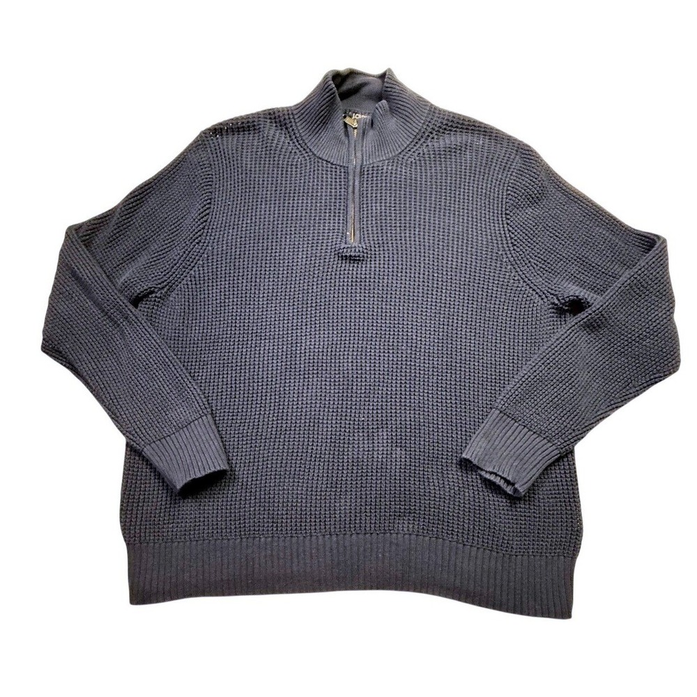 J. Crew Mens Large Navy Blue 100% Cotton Waffle Knit Quarter Zip Sweater-2665